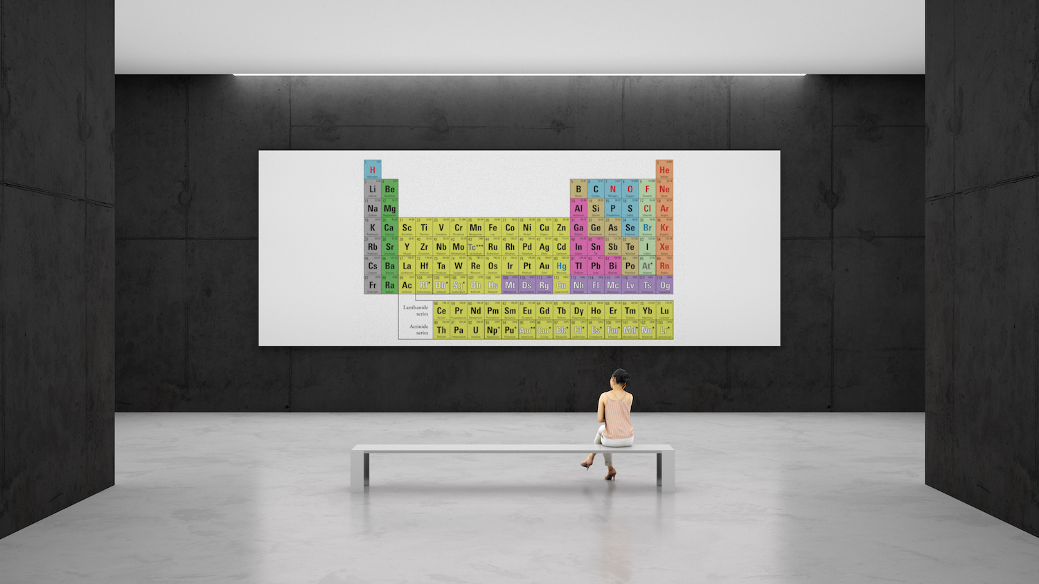 Photo illustration - The periodic table is displayed on an art gallery canvas.