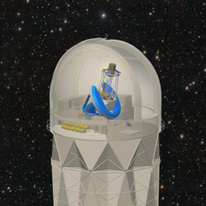 Rendering - This rendering of DESI in the Mayall Telescope dome shows the focal plane (dark gray) at the top of the telescope and the spectrographs (shown in yellow) below the telescope. (Credit: DESI Collaboration)