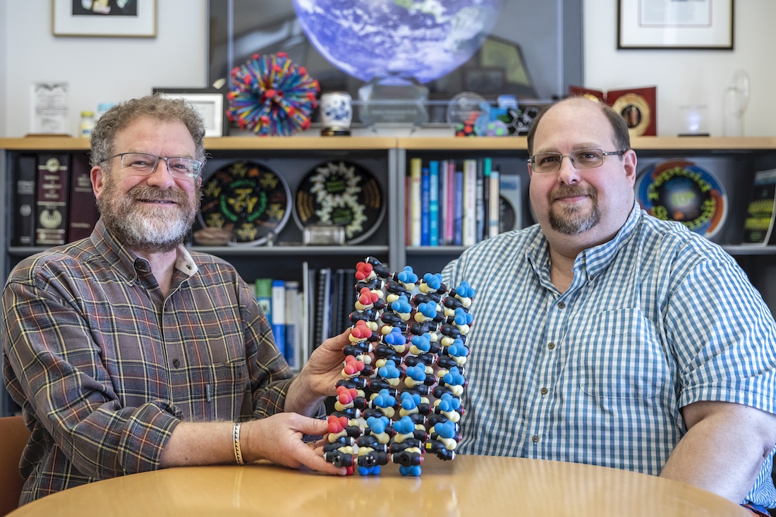 The two Berkeley Lab authors hold a model of a misfolded protein in their office at Berkeley Lab's Molecular Foundry