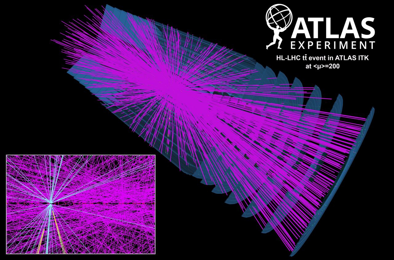 Image - Display of a simulated High-Luminosity Large Hadron Collider (HL-LHC) collision event in an upgraded ATLAS detector. The event has an average of 200 collisions per particle bunch crossing. (Credit: ATLAS Collaboration/CERN)