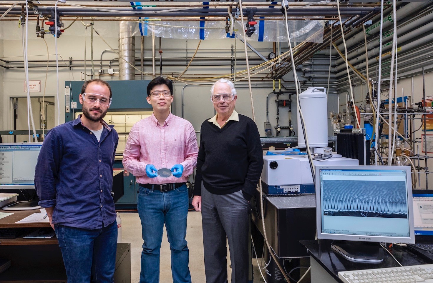 New potential renewable energy technology developed by Heinz Frei (right), Georgios Katsoukis (left), and Won Jun Jo at Lawrence Berkeley National Laboratory on Friday, February 28, 2020 in Berkeley, CA