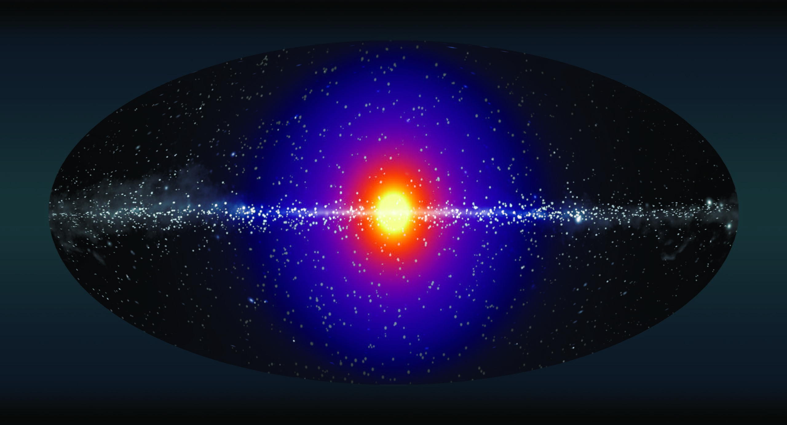 Illustration - In this composite image, theorized particles of decaying dark matter should produce a spherical halo of X-ray emission – represented here as colorized matter concentrated around the center of the Milky Way (in black and white) – that could be detectable when looking in otherwise blank regions of the galaxy. (Credit: Zosia Rostomian and Nicholas Rodd/Berkeley Lab; and Christopher Dessert and Benjamin Safdi/University of Michigan; Fermi Large Area Telescope)