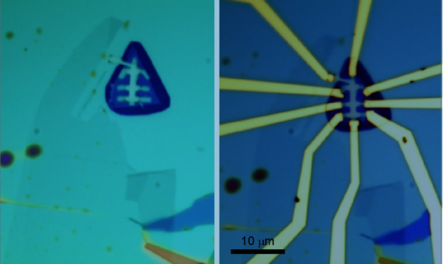 Optical image of trilayer graphene sandwiched between boron nitride layers during the nanofabrication process (left); and the trilayer graphene/boron nitride device with gold electrodes (right).