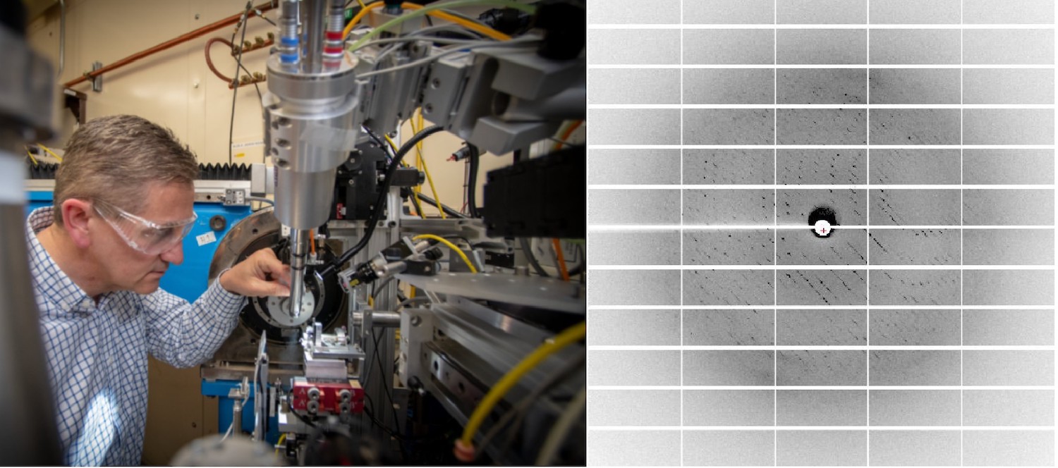 (Left) Allaire loading an alignment tool at the beamline. (Right) A crystallography diffraction pattern obtained from a crystal of S309