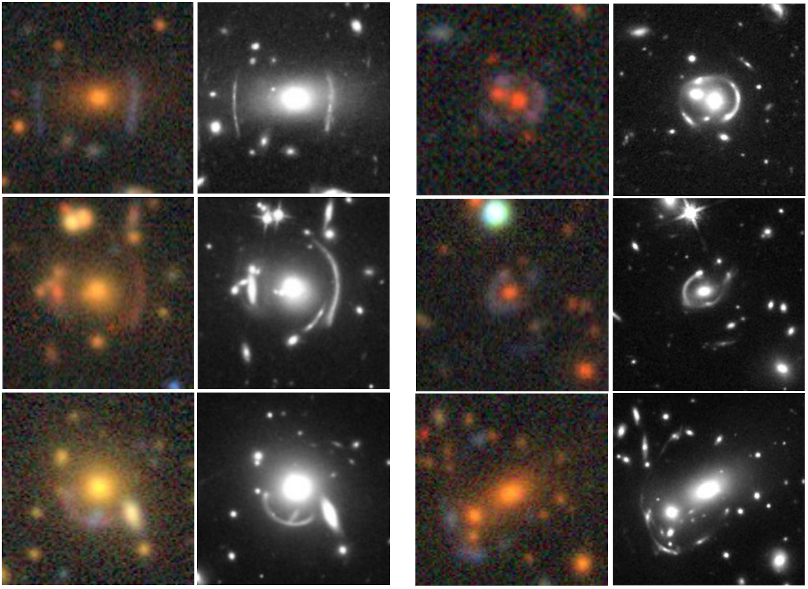 Images - These two columns show side-by-side comparisons of gravitational lens candidates imaged by the ground-based Dark Energy Camera Legacy Survey (color) and the Hubble Space Telescope (black and white). (Credit: Dark Energy Camera Legacy Survey, Hubble Space Telescope)