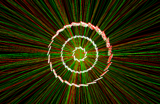 Image - A collision of gold nuclei recorded by the Berkeley Lab-built Heavy Flavor Tracker (HFT), a component of the STAR detector at the Relativistic Heavy Ion Collider (RHIC). The white points show “hits” recorded by particles emerging from the collision as they strike sensors in three layers of the HFT. Scientists use the hits to reconstruct charged particle tracks (red and green lines) to measure the relative abundance of certain kinds of particles emerging from the collision – in this case, charmed lambda particles. (Credit: Xin Dong/Berkeley Lab)