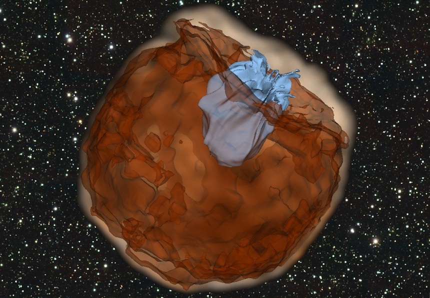 Image - Simulation of the expanding debris from a supernova explosion (shown in red) running over and shredding a nearby star (shown in blue). (Credit: Daniel Kasen/Berkeley Lab, UC Berkeley)