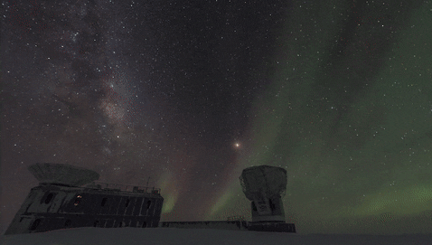 Animated GIF - The South Pole Telescope scans the sky as the southern lights, or aurora australis, form green patterns in this 2018 video clip. (Credit: Robert Schwarz/University of Minnesota)