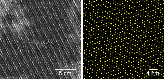 Electron microscopy experiments revealed meandering stripes formed by metal atoms of rhenium and niobium in the lattice structure of a 2D transition metal dichalcogenide alloy. (Image courtesy of Amin Azizi) 