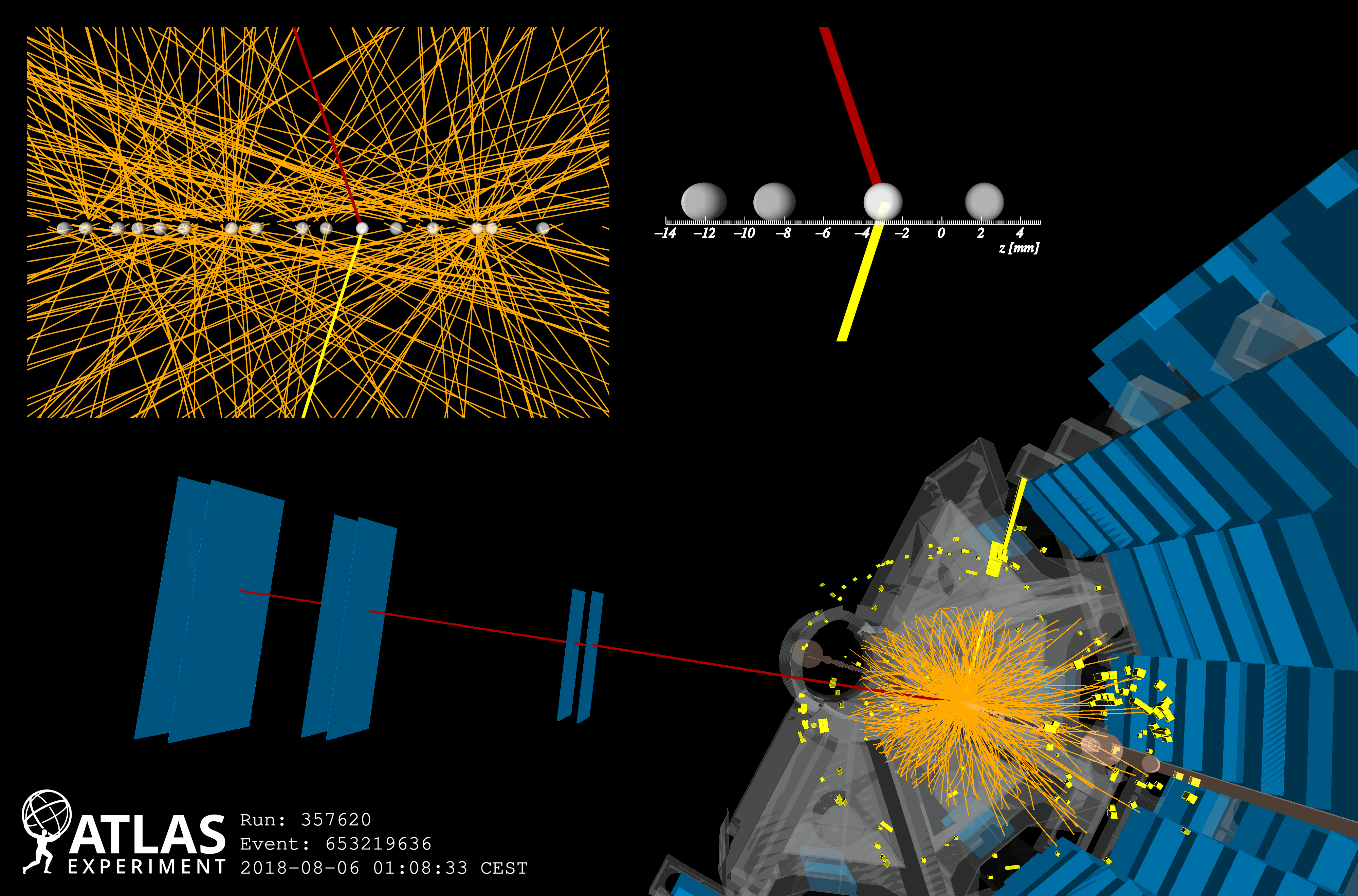 Image - This image shows a reconstruction of a particle interactions event at CERN’s ATLAS detector that produced W bosons from photons, particles of light. (Credit: ATLAS collaboration)