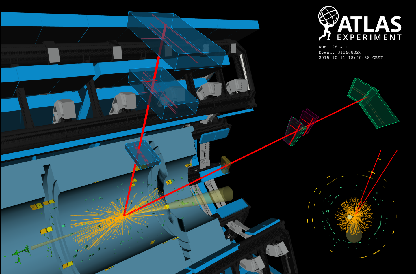 Image - A display of a candidate Higgs boson event at CERN’s ATLAS experiment in which a Higgs boson decays to two muons. The muons appear as red tracks in this rendering. (Credit: ATLAS collaboration)