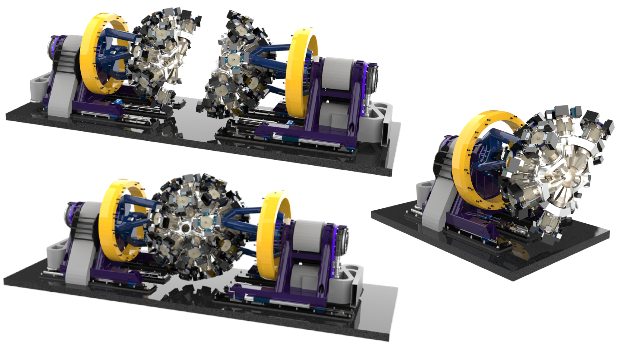 Image - This set of renderings shows the completed GRETA array (left, top and bottom). The detector is designed to open up, with each half retracting on a track. Samples can be placed at the center of the spherical array. The completed array will contain 120 high-purity germanium crystals. (Credit: GRETA collaboration)
