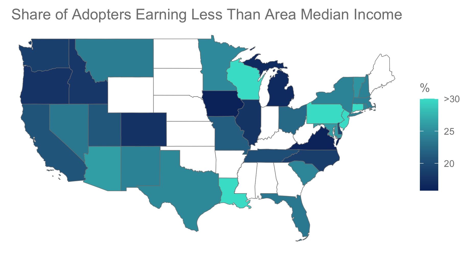 US map showing share of PV adopters with income less than area median