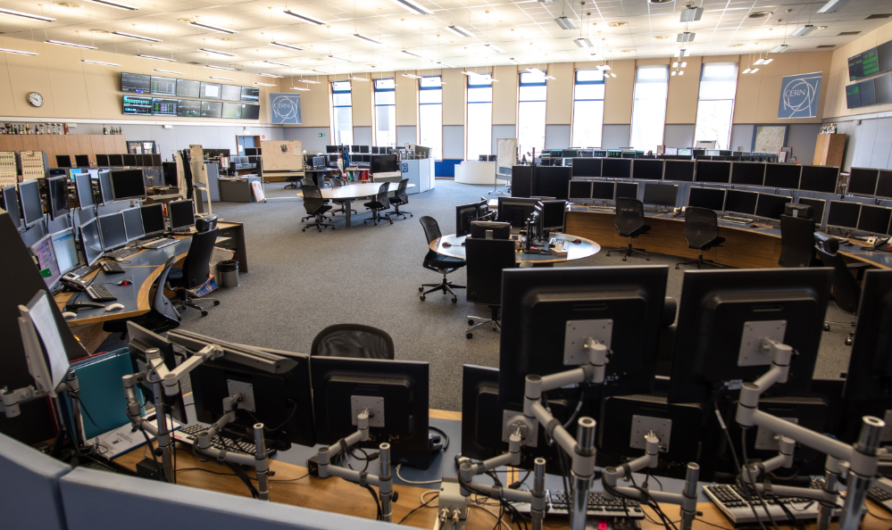 Photo - The CERN Control Center is nearly empty in this February photo due to a temporary shutdown in most operations in response to the COVID-19 pandemic. (Credit: Michael Struik/CERN)