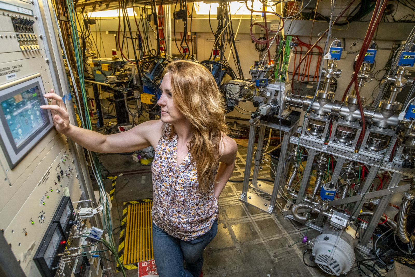 Photo - Jennifer Pore, a Berkeley Lab project scientist who led the study detailing the discovery of mendelevium-244, operates the Berkeley Gas-filled Separator vacuum controller at Berkeley Lab’s 88-Inch Cyclotron in this 2018 photo. (Credit: Marilyn Sargent/Berkeley Lab)