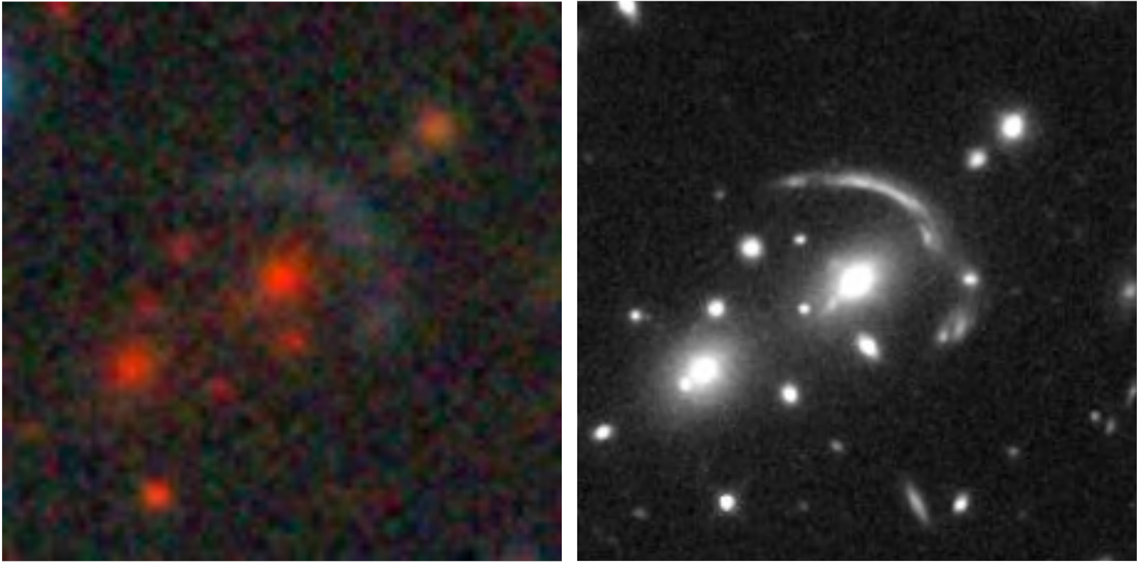 Image - A ground-based space image of a lensing candidate identified in the study (left), and a Hubble Space Telescope image confirming the lens (right). (Credit: Dark Energy Camera Legacy Survey, Hubble Space Telescope)