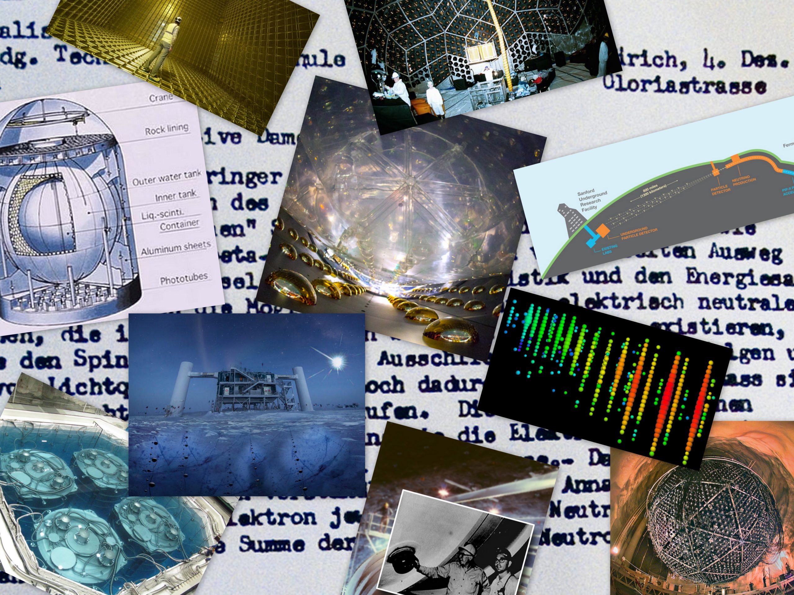 Collage - A collection of images from past, present, and pending neutrino science experiments, including: Daya Bay, DUNE at LBNF, the Homestake experiment, IceCube, KamLAND, ProtoDUNE and SNO. Displayed in the background is the text of a letter that physicist Wolfgang Pauli had written on Dec. 4, 1930, postulating the existence of the neutrino.