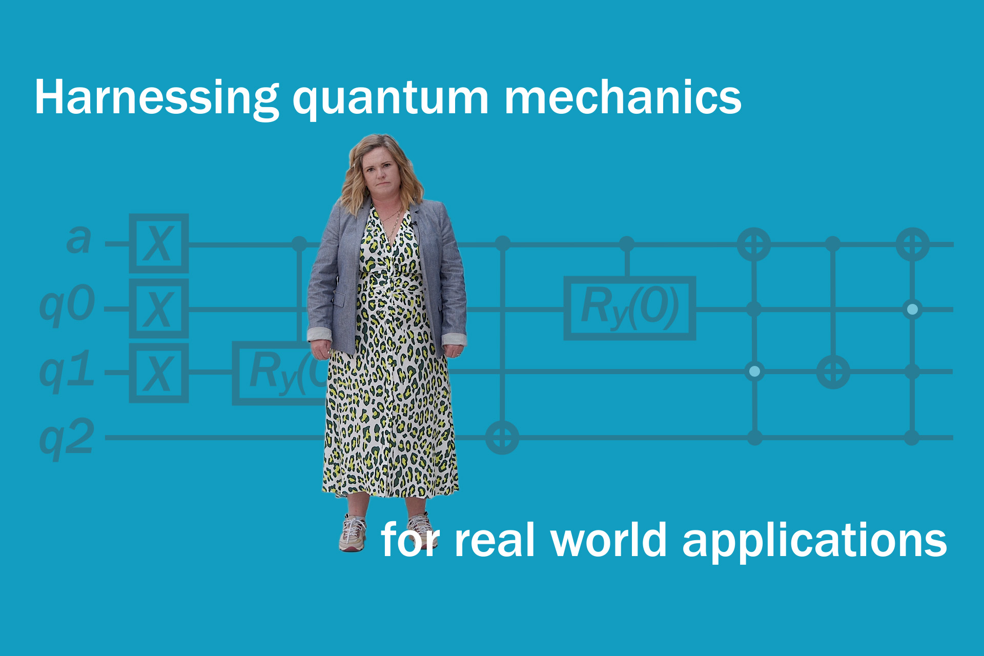Graphic collage of a person standing in front of a quantum diagram