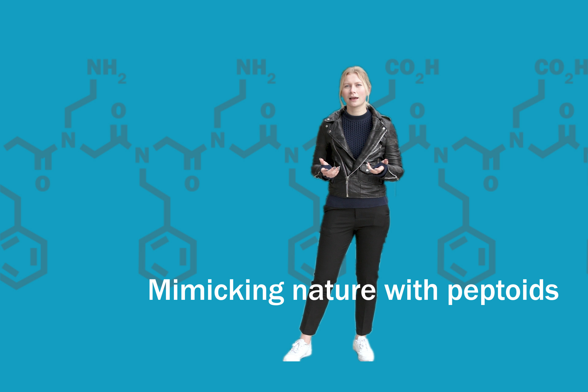 Graphic collage of a person standing in front of peptoids and peptides