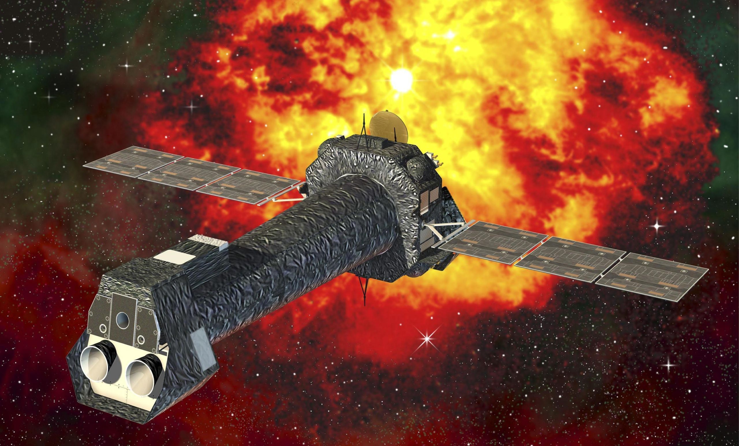 Image - An artistic rendering of the XMM-Newton (X-ray multi-mirror mission) space telescope. A study of archival data from the XMM-Newton and the Chandra X-ray space telescopes found evidence of high levels of X-ray emission from the nearby Magnificent Seven neutron stars, which may arise from the hypothetical particles known as axions. (Credits: D.Ducros; ESA/XMM-Newton, CC BY-SA 3.0 IGO)
