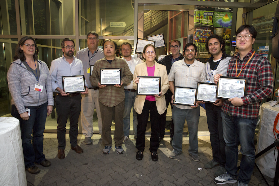Image - Members of the COSMIC ptychography team receive the 2018 Klaus Halbach award, presented by ALS Users’ Executive Committee member Ashley Head. From left: Ashley Head, David Shapiro, Rich Celestre, Lee Yang, Bjoern Enders, Susan James, Stefano Marchesini, Hari Krishnan, Kasra Nowrouzi, and Young-Sang Yu. (Credit: Berkeley Lab)