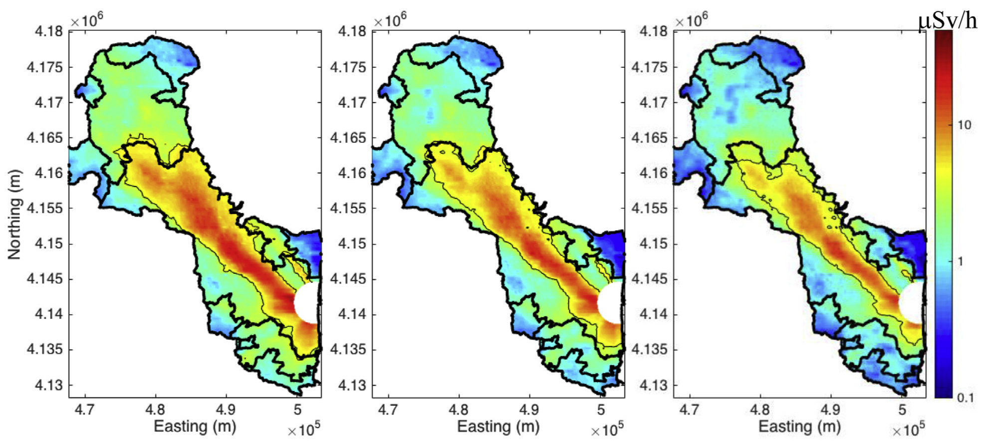 Image - These maps show radiation dose rates in the Fukushima region over time. At left is data from 2014, at middle is data from 2015, and at right is data from 2016. There is a visible reduction in the areas with higher dose concentrations from 2014 to 2016 – higher concentrations show as red and yellow.