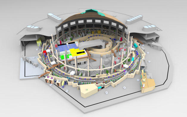 This cutaway rendering of the Advanced Light Source dome shows the layout of three electron-accelerating rings with beamlines. A new approval step in the ALS Upgrade project will allow the installation of the middle ring, known as the accumulator ring. (Credit: Berkeley Lab)