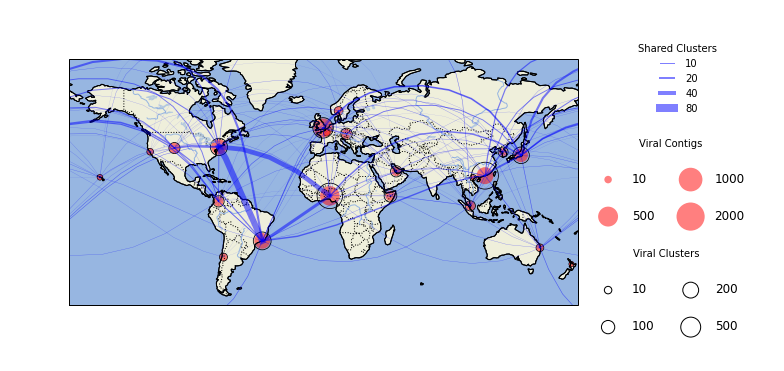 A map showing distribution of microbes that are found on surfaces across the world
