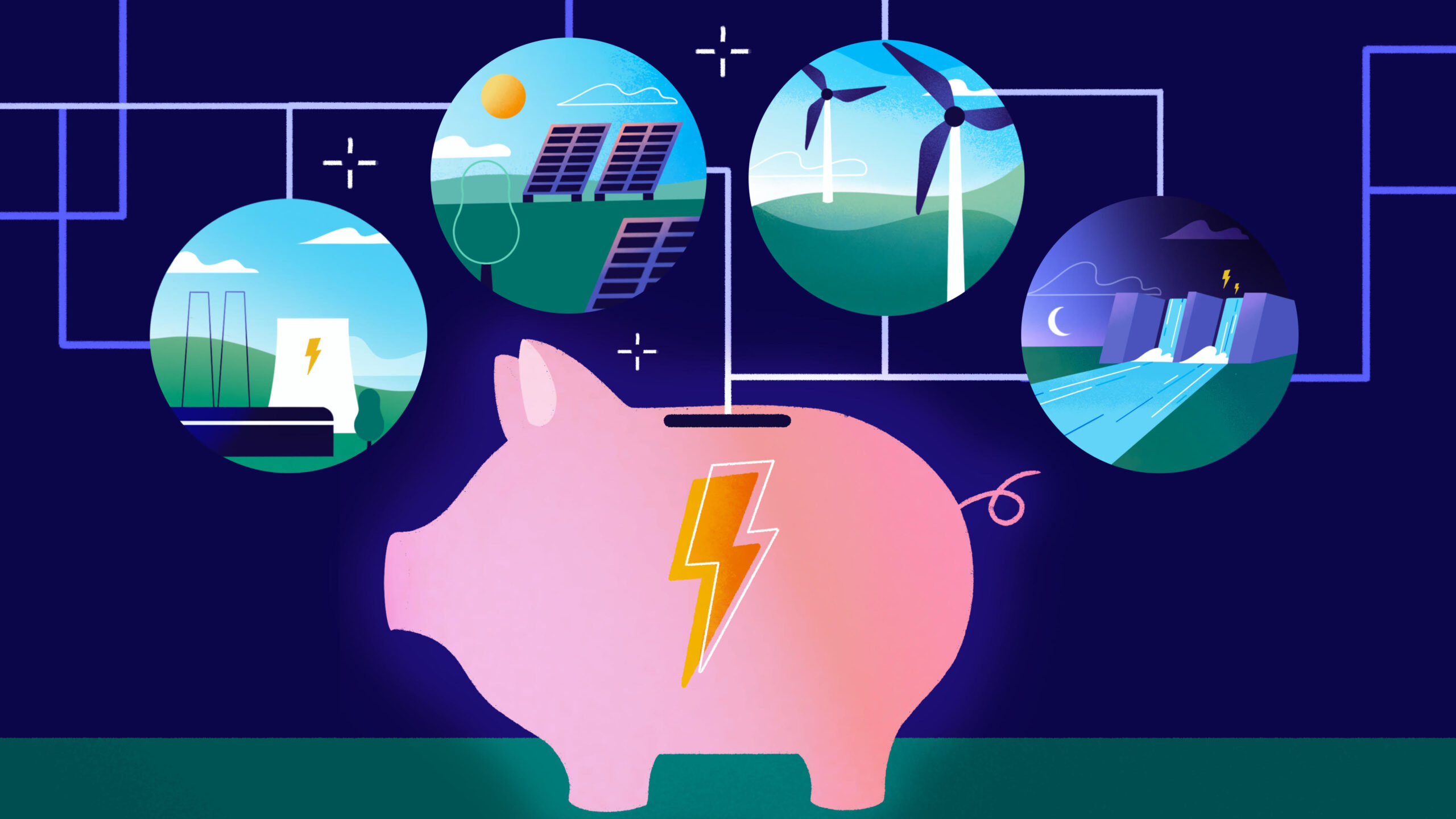 Illustration depicting floating "coins" of energy storage techniques going into a piggy bank