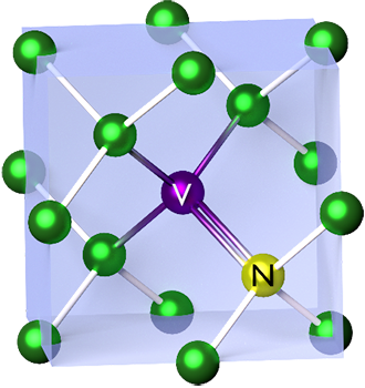 During diamond’s formation, replacement of a carbon atom (green) with a nitrogen atom (yellow, N) and omitting another to leave a vacancy (purple, V) creates a common defect that has well-defined spin properties. (Credit: NIST)