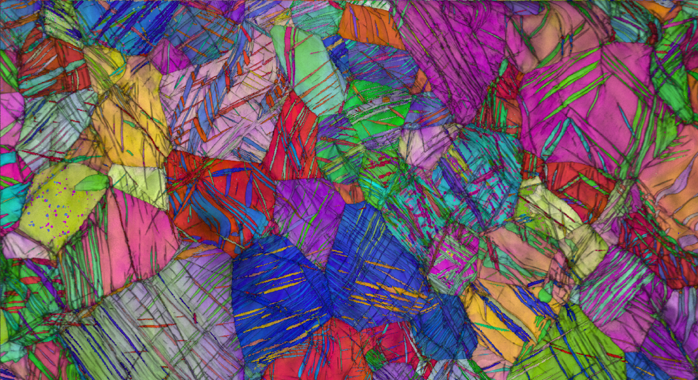 An image of the structure of pure titanium with a nanotwinned structure. Each color (blues, greens, reds, pinks, oranges) represents a unique orientation of the grains.
