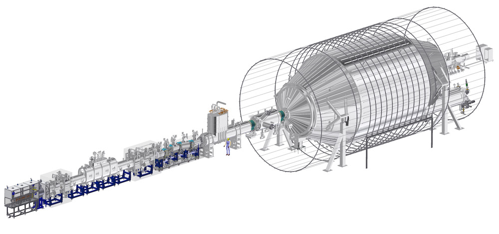 Diagram of the 70 m long beamline of the KATRIN experiement where electrons are emitted from the source on the left and are guided into the main spectrometer on the right.