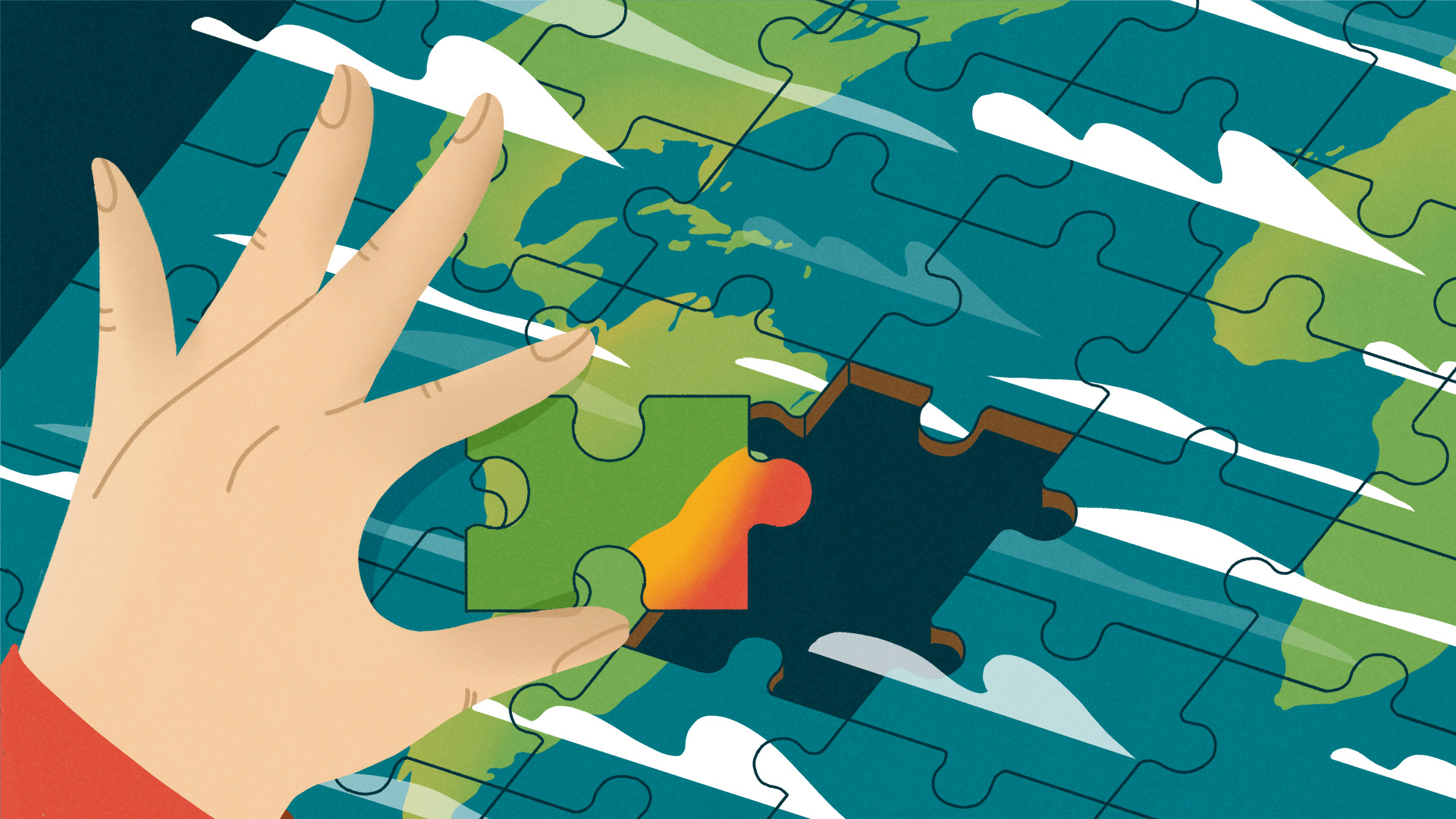 Illustration depicting a hand placing a piece of a puzzle. The puzzle is a map of the Earth