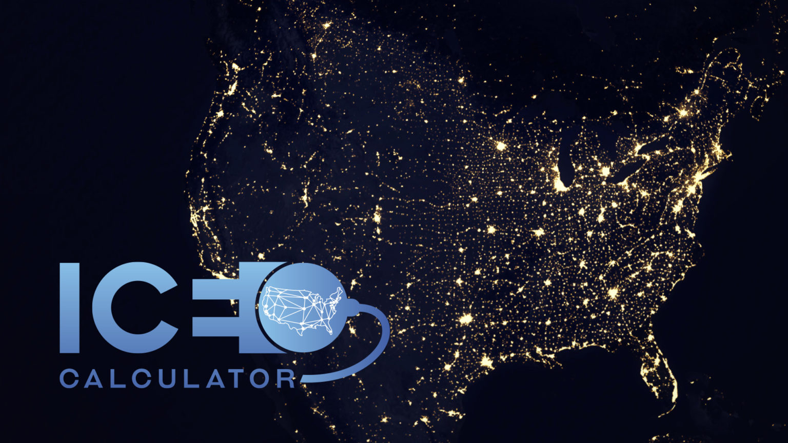 Light map of the United States with a graphic overlay of the ICE logo