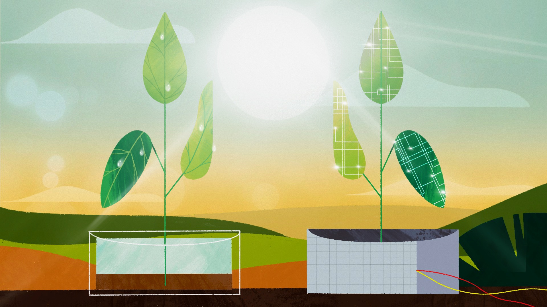 Illustration depicting two plants in the sunlight. One of the plants is bionic and has attached cords.