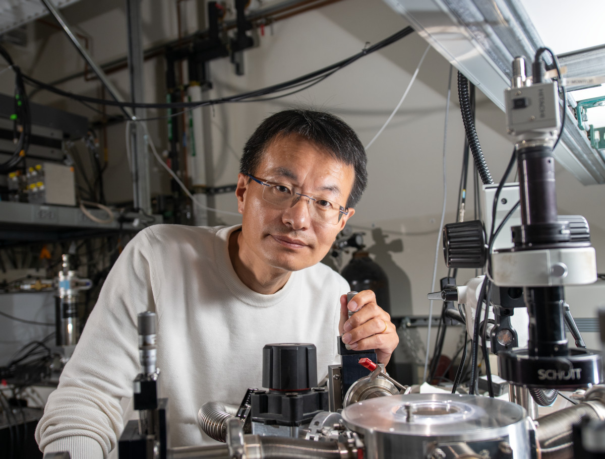 Peidong. Yang at a probe station in his lab at Hildebrand Hall on the UC Berkeley campus.