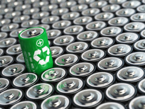 One green battery against a background of batteries. 