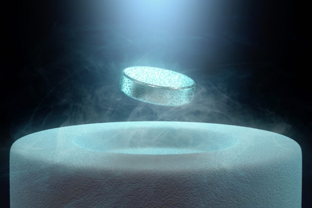 Artist's impression of a magnet levitating above a high-temperature superconductor cooled with liquid nitrogen.
