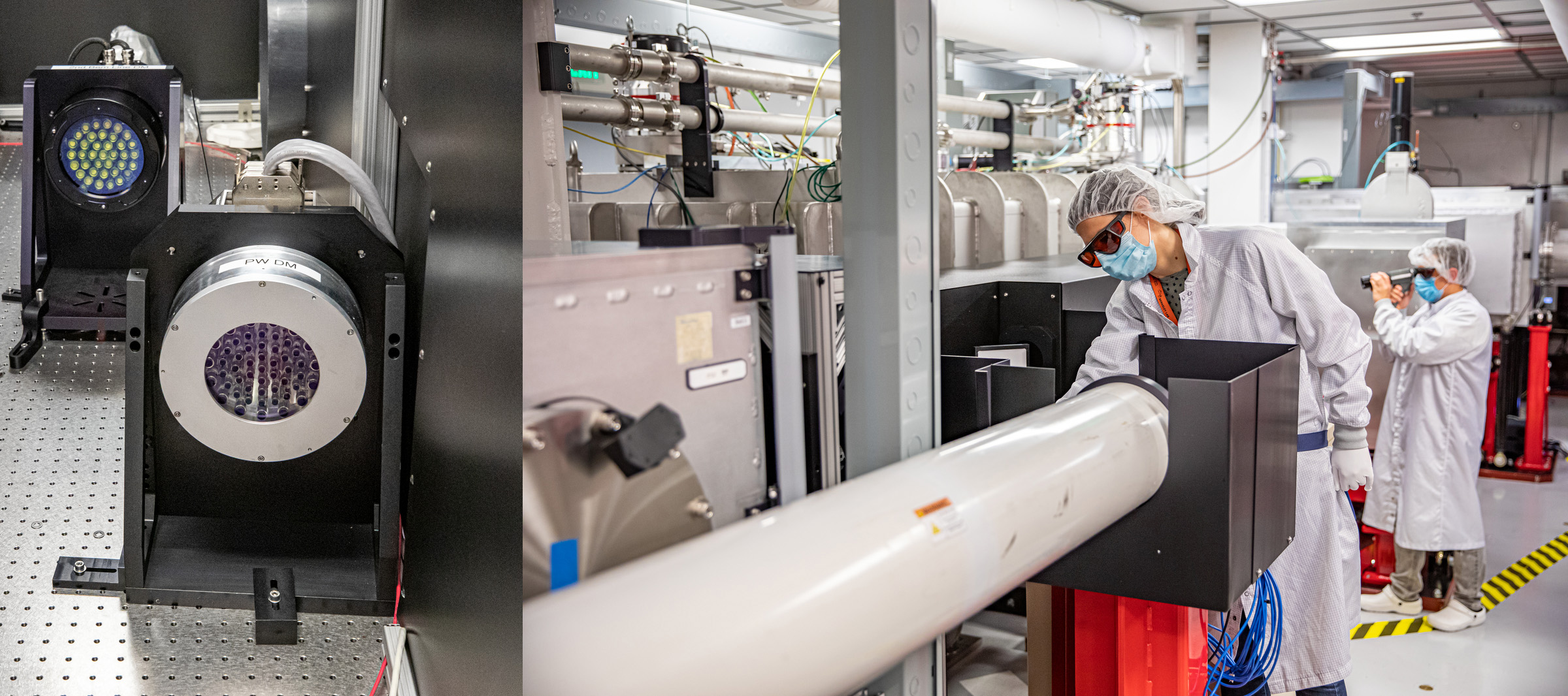 Collage. Left, two deformable mirrors. Right, two scientists check a beamline for alignment.