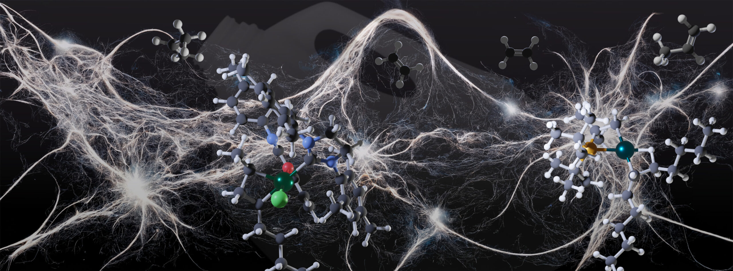 White strands extend from the left side of the photo all the way to the right against a black background, with figures of molecules overlaid on top.