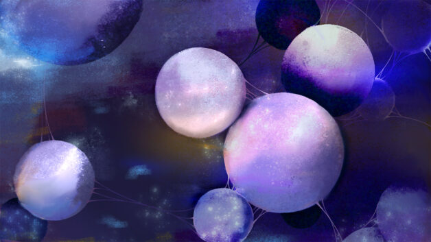 Conceptual painting depicting celestial purple orbs of varying sizes connected with stretching strands.