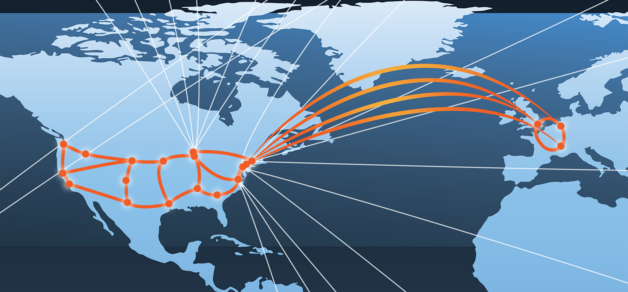 Illustration of a world map, with orange lines connecting various cities across the United States to other countries.