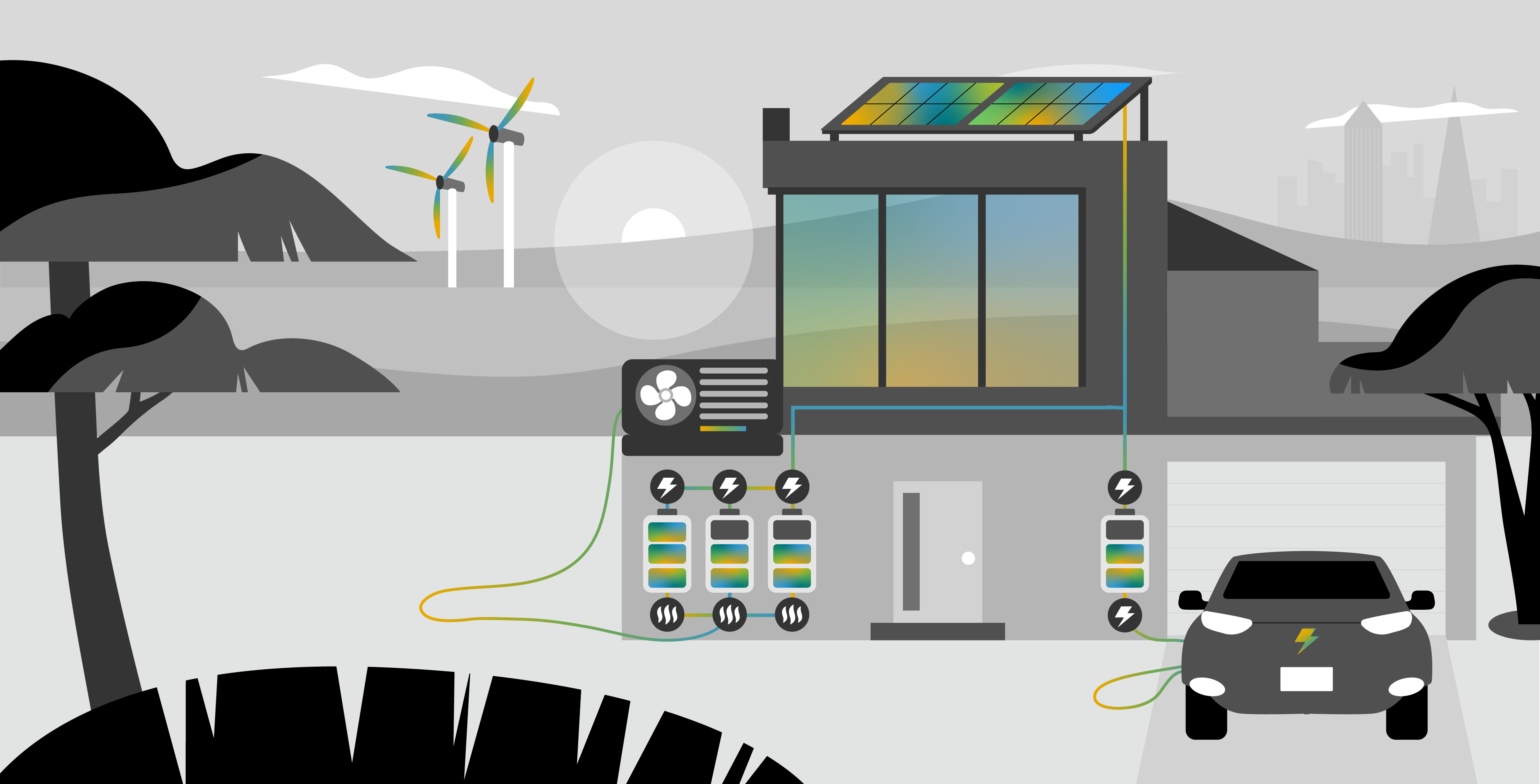 Illustration of a smart home running on electric and thermal battery power.