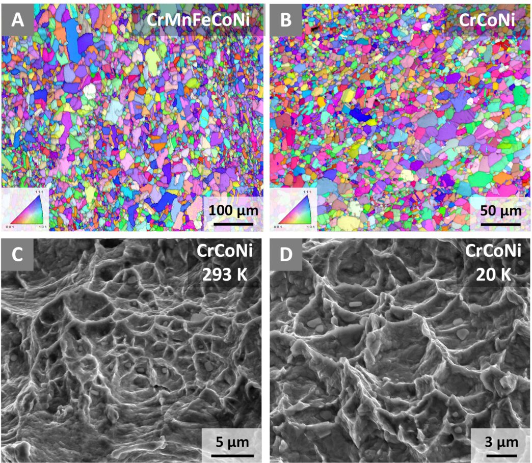 Two multicolor images of the material that look like kaleidoscopes and a bottom row of black and white microscopy images that look like fields of dried lava, but on the nanoscale.