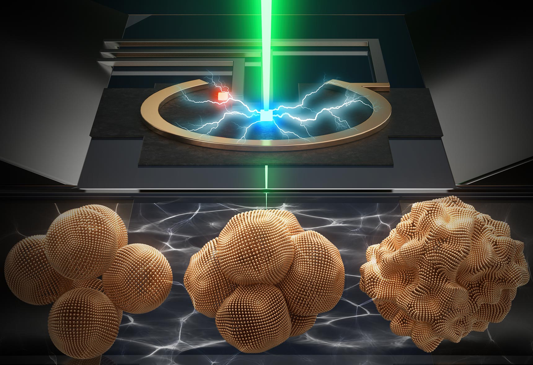 Artist’s rendering of a copper nanoparticle life cycle during CO2 electrolysis: Copper nanoparticles (left) combine into larger metallic copper “nanograins” (right) within seconds of the electrochemical reaction, reducing CO2 into new multicarbon products.