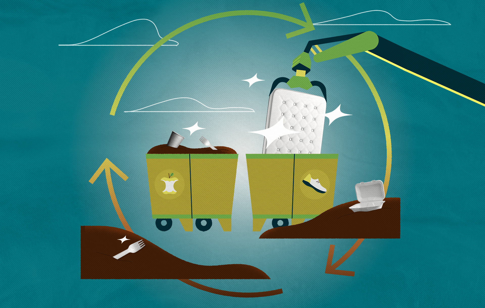 Illustration depicting a three-sectioned recycling sign surrounding a scene of two recycling bins with recyclables at varying states of decay.