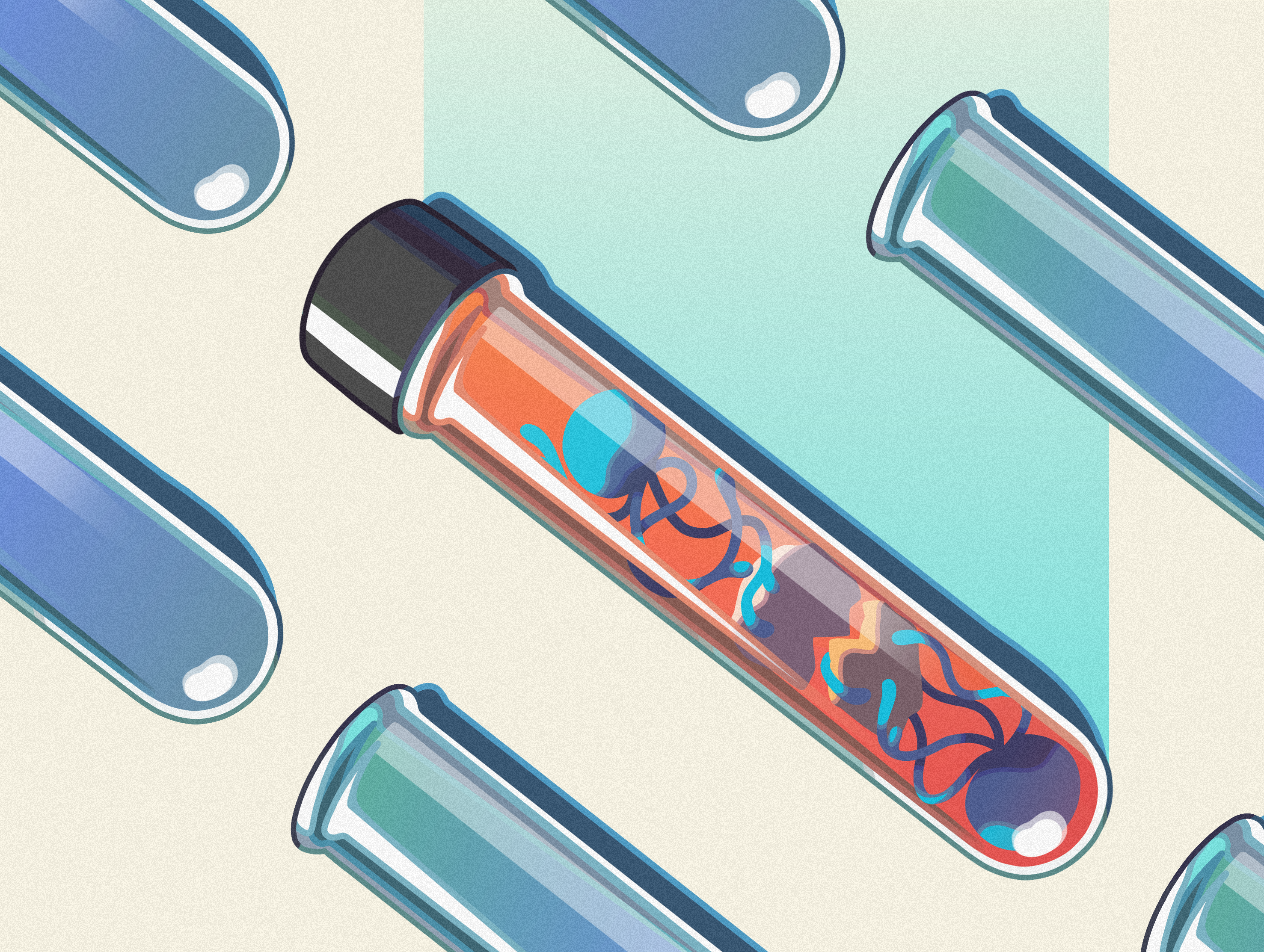 A vial containing brightly colored shapes representing molecules sits on a beige surface next to empty blue vials