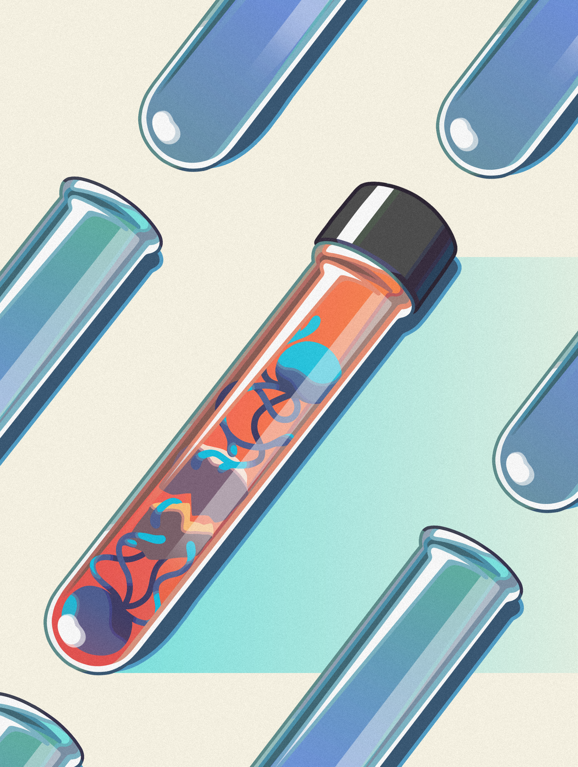 A vial filled with colorful shapes representing molecules and enzymes sits on a beige surface surrounded by empty blue vials