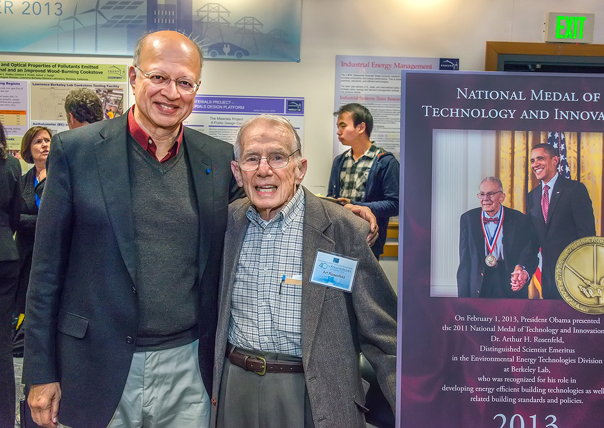 Ashok Gadgil poses with Art Rosenfeld, right, at the Environmental Energy Technologies Division’s (now Berkeley Lab’s Energy Technologies Area) 40th Anniversary ceremony in 2013.