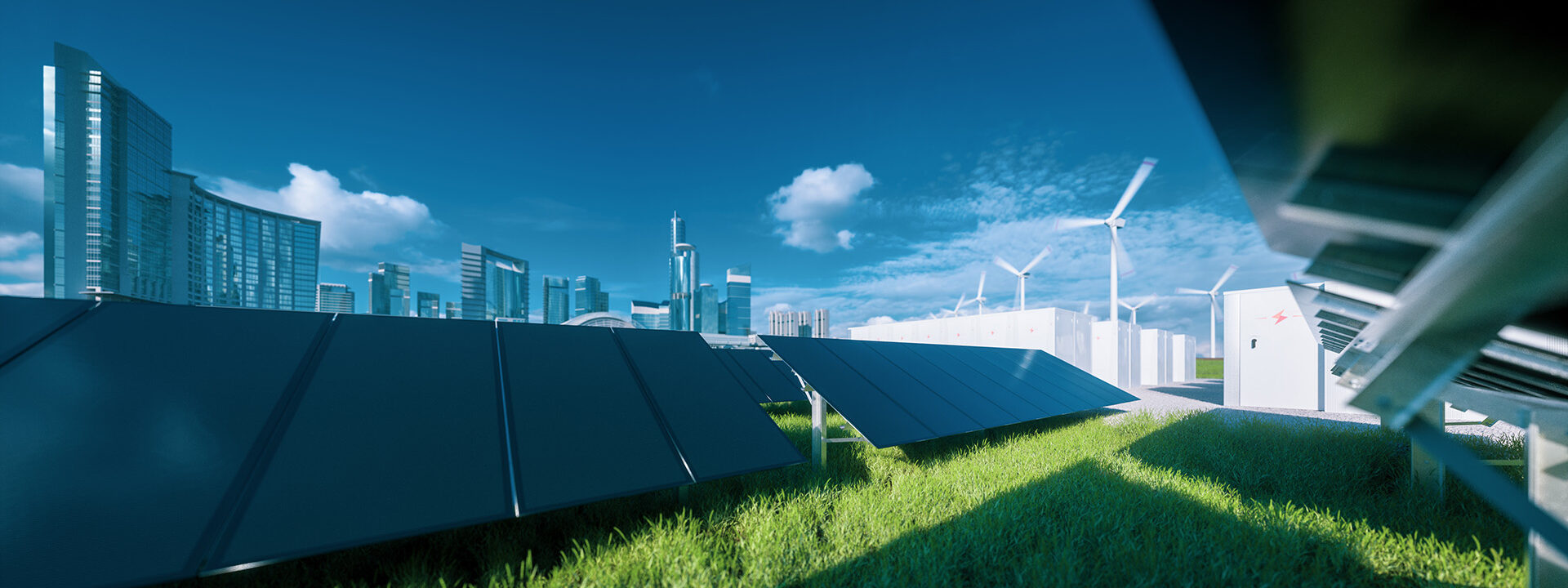 Solar panels and wind turbines in front of a cityscape.